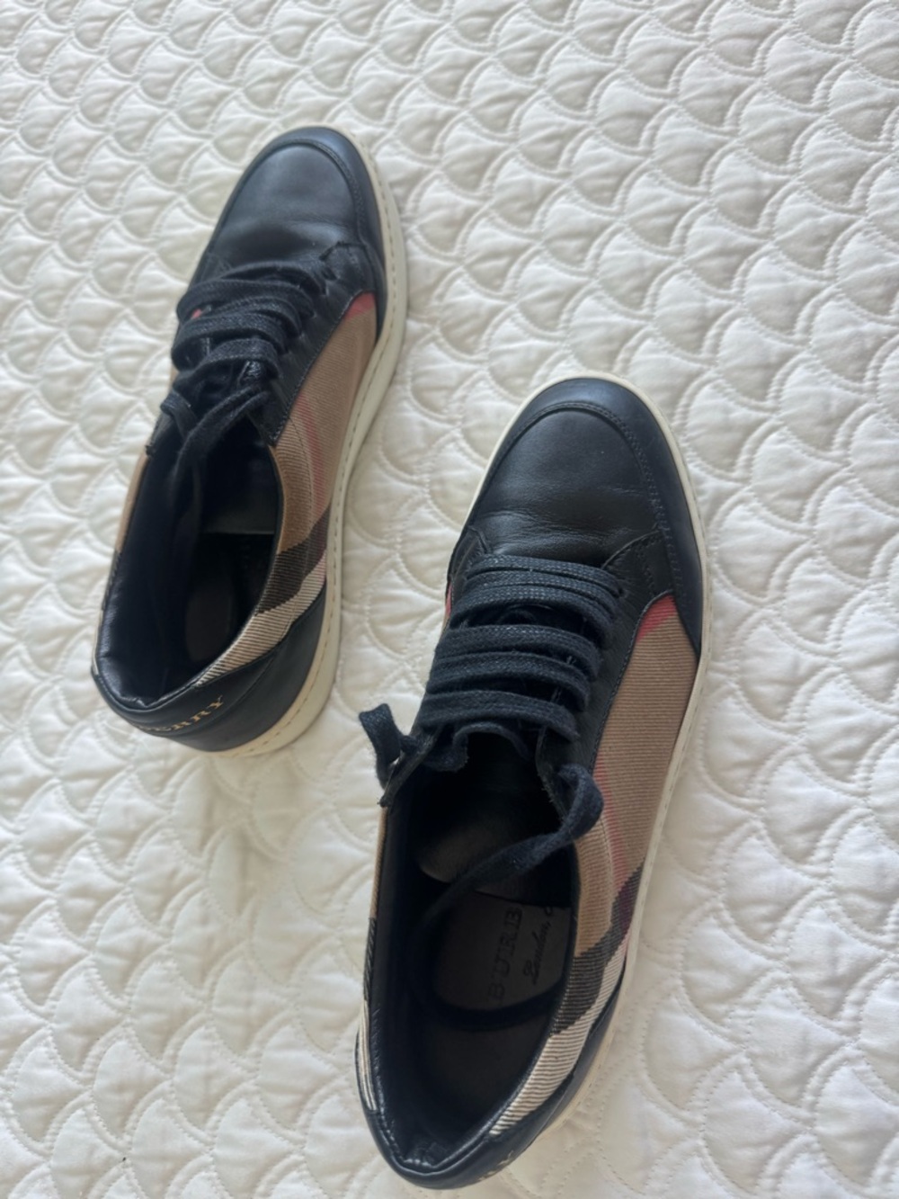 Burberry Black Leather & Tan Plaid Low-Top Sneakers - Picture 2 of 3
